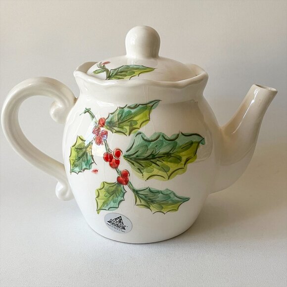 Vintage Hand Painted Christmas Teapot Top Hat Snowman Holly Berries by Maxcera - Picture 2 of 8